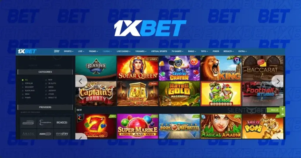 1xBet Casino - экран со слотами и live-разделом, кнопки регистрации, пополнение и вывод средств